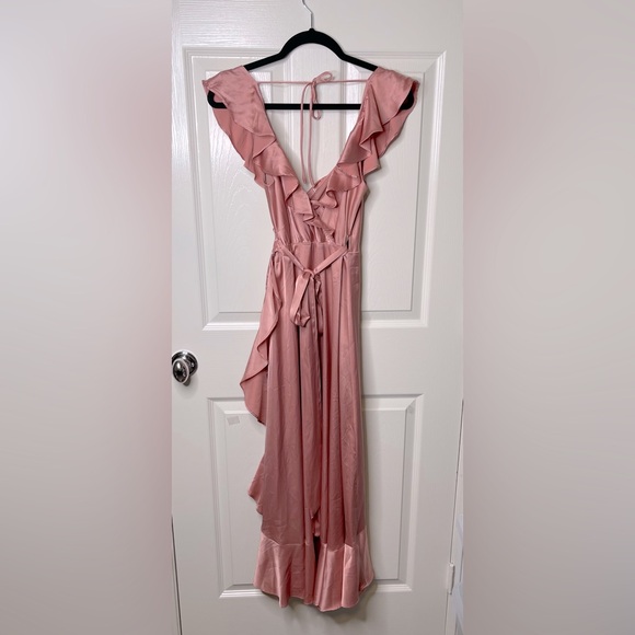 Astr Dark Blush wilshire Ruffle Wrap Open Back Midi High Low Dress, XS - Picture 3 of 16